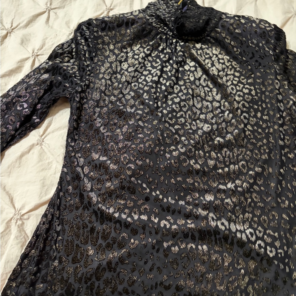 White House Black Market Black Shimmer Leopard Mockneck Top